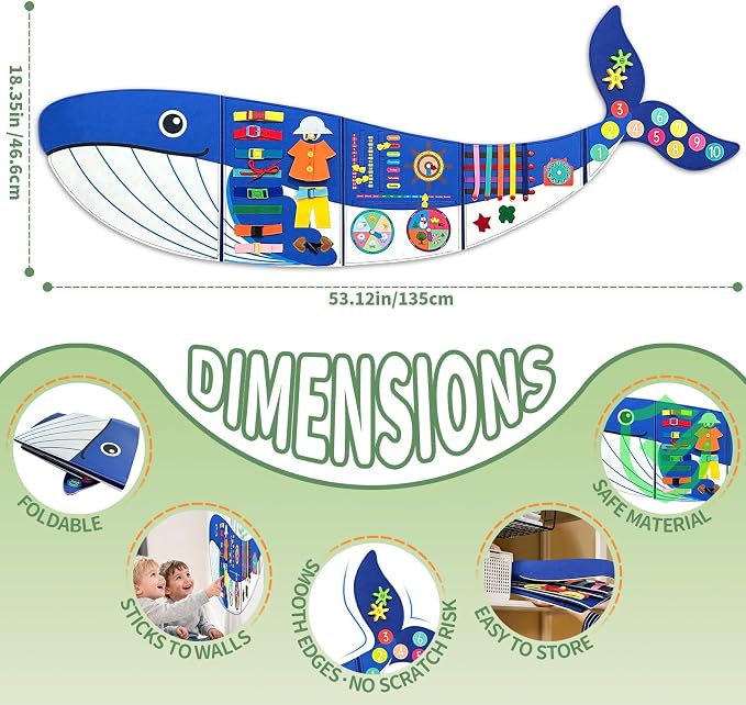 Whale Foldable Activities Montessori Busy Board Toddler Busy Board Montessoris Toys for 3+ Years Old Wall Panel