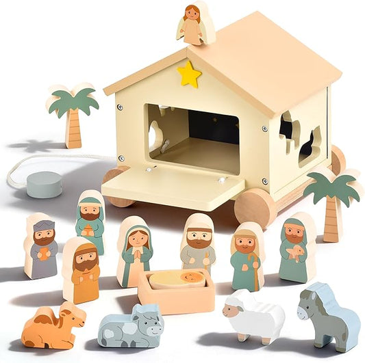 Wooden Nativity Set Montessori Toys for 1 Year Old - Baptism Gifts for Boys Girls - Religious Christening Gift - Bible Toys for Toddlers 1-3 House on Wheels Shape Sorter