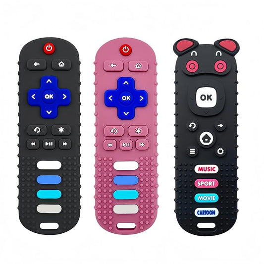 3-Pack Baby Teething Toys, BPA-Free Silicone Baby Remote Control Teething Toy for 3-18 Months, Toy Remote for Baby, Teething Relief Newborn Remote Shaped Toy (Black&Pink&Pig Black)