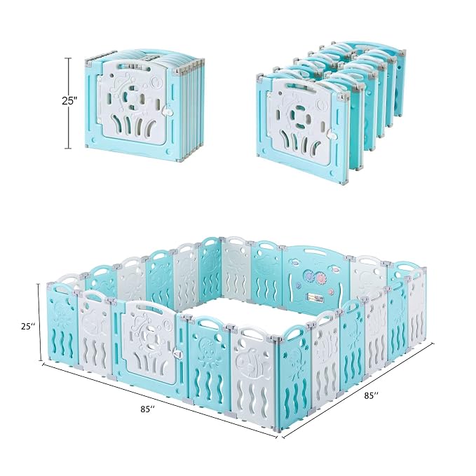 Albott 22 Panels Kids Safety Play Center Yard Baby Playpen Kids Activity Centre Indoor or Outdoor, Portable Play Yard with Gate for Babies, Infant, Toddlers Blue (20 Panels+1 Gate+ 1 Game Board)