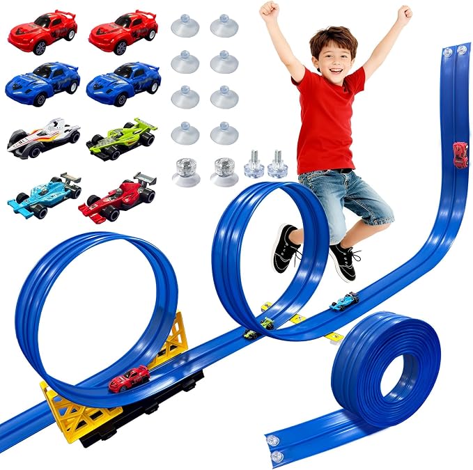 Flexible Race Track 16.5 Ft for Kids - Race Car Ramp Track with Suction Cups, Compatible with 1:64 Scale Diecast Cars, Includes 8 Racing Cars, Portable Toy Play Set Gift for Boys Girls Ages 3-8, Blue