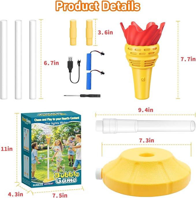 Infowush Torch Bubble Machine for Kids, Rechargable Bubble Maker Bubble Toys with Light, Outdoor Automatic Standing Height Adjustable Bubble Machine for Toddlers 1-3, Christmas Birthday Party Gifts