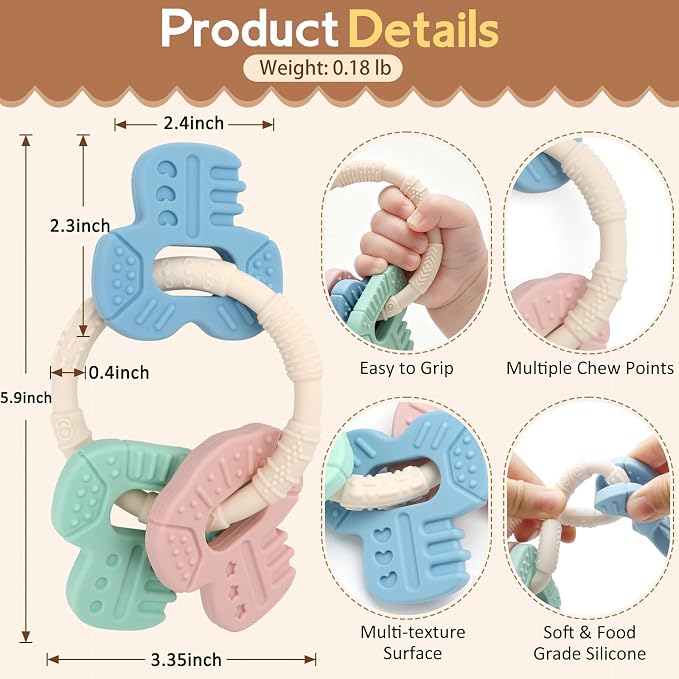 Baby Teething Toys Silicone Baby Keys Teether Over 3 Months - Sensory Chew Toys - Baby Teether for Teething Relief - BPA Free Infant Toys Baby Shower Gifts