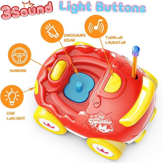Kidz do 2 Pack Dinosaur Remote Control Cars Toys for Kids 2 3 4 5 Years Old, Christmas Birthday Gifts for Boys and Girls Ages 2-5, Dino Race Car Toddlers Toys with Music and Light(Red Blue)