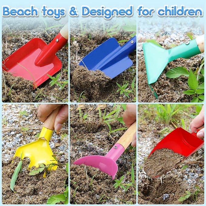 Beach Toys for Kids,Beach Sand Toys, 8'' Metal Sandbox Toys with Sturdy Wooden Handle,Safe Beach Gardening Set,Spoon, Fork, Trowel, Rake & Shovel for Kids，Snow Shovel（6 pcs）