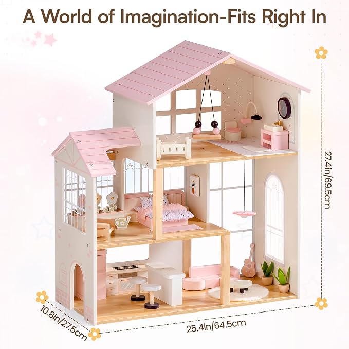 ROBOTIME Wooden Doll House, Dollhouse with 6 Open Rooms, 37 Pcs DIY Modular Doll House Furniture Accessories, Pretend Dollhouse Creative Gift for Girl Ages 3+ (Pink)