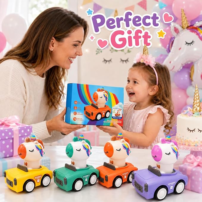 Press and Go Car Toys for Toddler Girls 1-3, 4 Pack Unicorn Vehicles | 4 colorful unicorn cars for toddler girls, press-and-go play, sharing races, birthday gifts, and screen-free floor fun