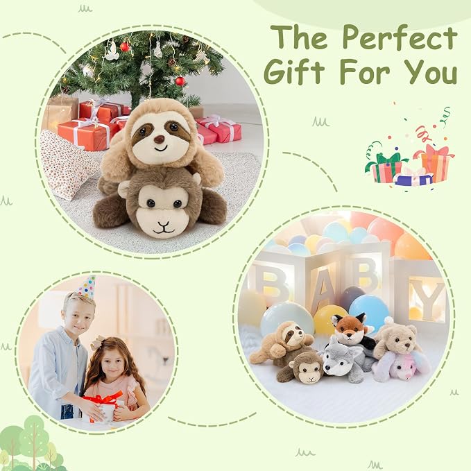 Tezituor 6 Pcs Forest Stuffed Animals Bulk, 7" Small Woodland Plush Fox Wolf Sloth Bear Monkey Puppy, Cute Assorted Plushies Toy Gift for Kids Baby Shower Birthday Party Favor