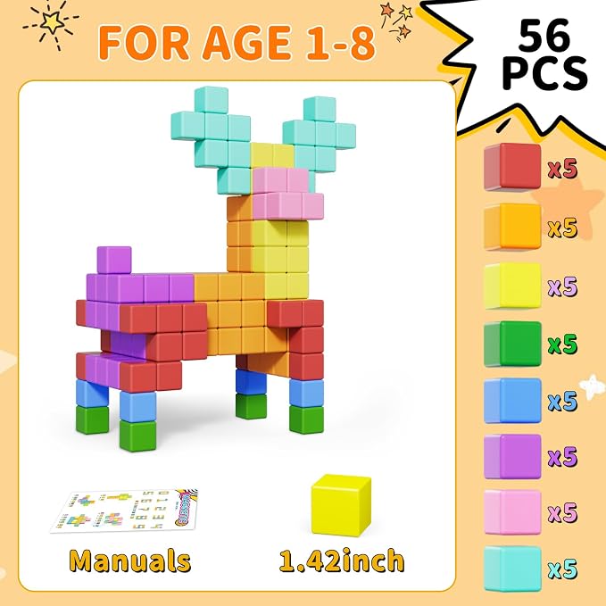 Magnetic Blocks Large, 56PCS 1.42in Magnetic Building Blocks for Kids Ages 4-8, STEM Sensory Travel Autism Montessori Toys for Toddlers, Learning Construction Magnetic Cubes for Birthday Gift
