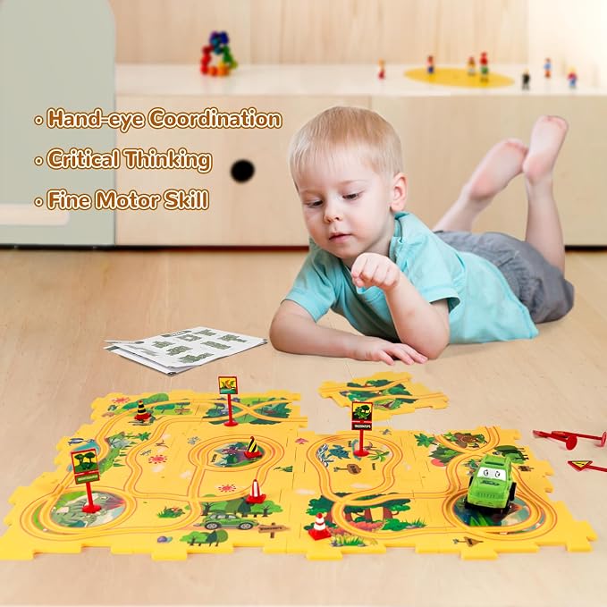 Plastic Floor Puzzles for Kids Ages 3-5, Puzzle Track Car Play Set, Educational Montessori Toys for 3 4 5 6 Year Old Boys, 3 4 5 6 Year Old Boy Birthday Gift, Boy Toys Age 3