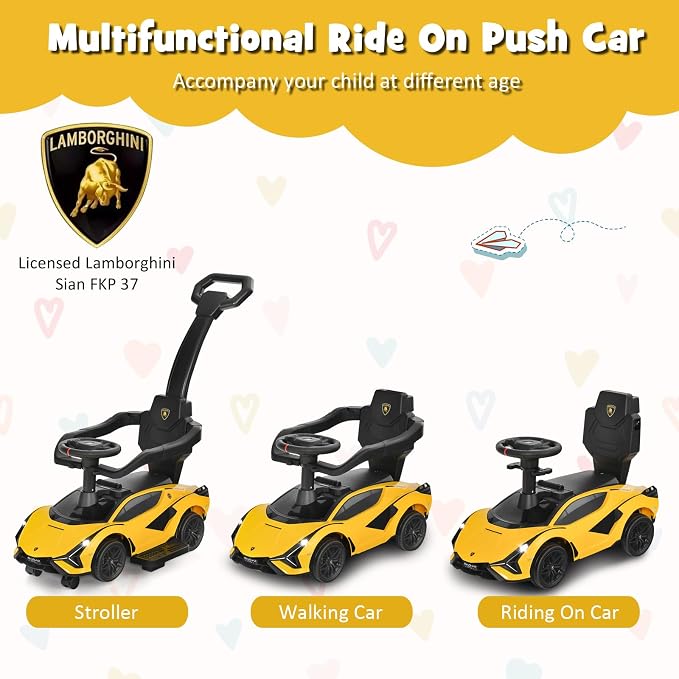 INFANS 3 in 1 Ride on Push Car, Licensed Lamborghini Baby Stroller Sliding Walking with Parent Control Handle, Music, Headlight, Under Seat Storage, Kids Foot-to-Floor Toy for 18-60 Months (Yellow)