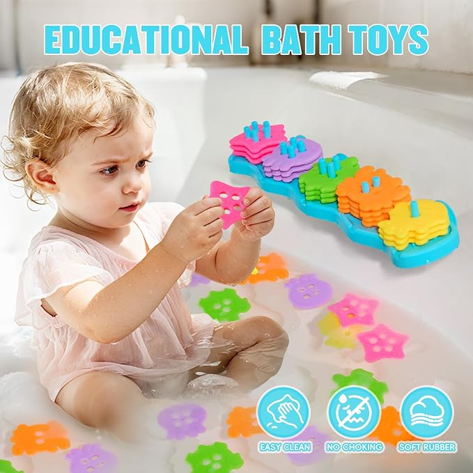 Bath Toys for Kids Ages 1-3, 21PCS | Fun & Mold Free Bath Toys for Toddler 2-4 | Educational Color Shape Sorter & Stacking with 20 Floating Pieces | Toddler Bathtub Toys with Mesh Bag for Girls Gift
