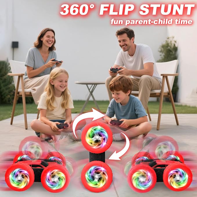 Remote Control Car, Outdoor Toys RC Cars for Kids Ages 6-12, 4WD Double Sided Stunt Vehicle with Upgraded USB-C Modular Batteries, 5 6 7 8 9 10+ Year Old Boy Birthday Red