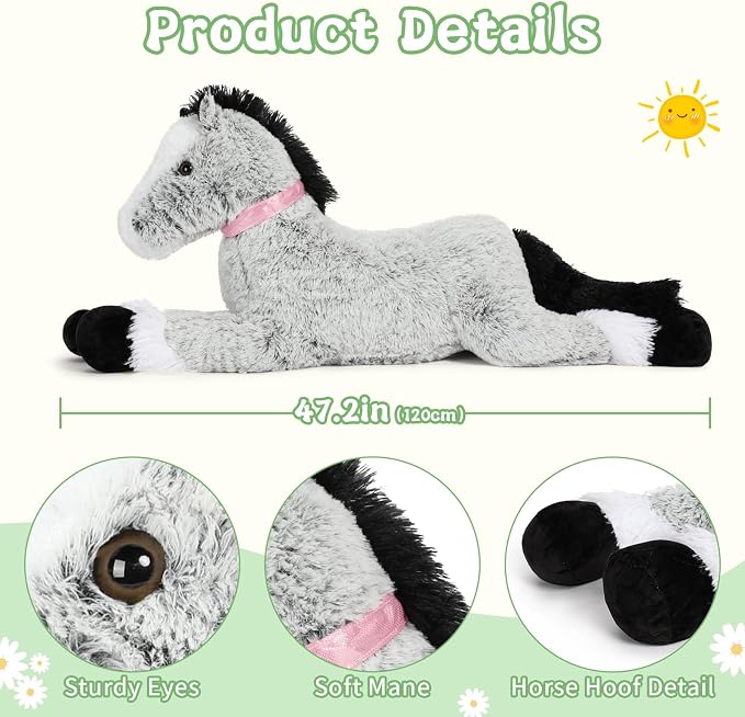 Tezituor 47 Inch Giant Horse Stuffed Animal, Large Soft Pony Plush Toy for Kids, Realistic Gray Horse Pillow Extra Large Stuffed Horse Gift for Girls Boys