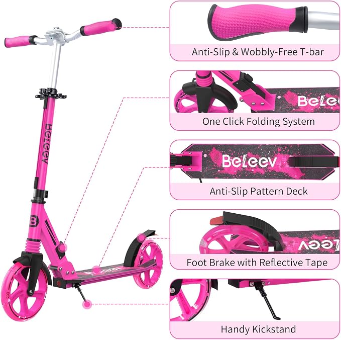 BELEEV V8 Scooters for Kids Ages 6+ with Light-Up Deck, 2 Wheel Folding Scooter for Kids, 4 Adjustable Height, Lightweight Sport Commuter Scooter, Sturdy Frame