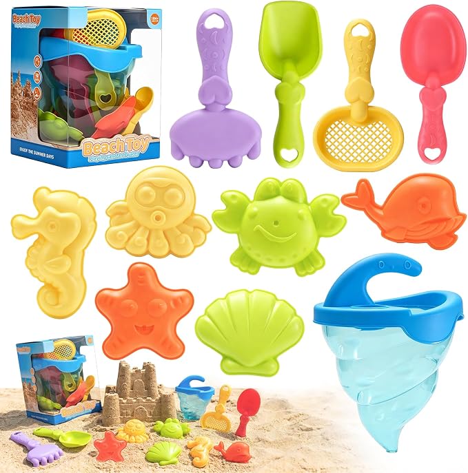 11 PCS Kid Beach Toys,Sand Water Funnel with No Partition, Silicone Plug,Beach Shovels and Sand Molds for Kids Boys Girls Ages 3-13