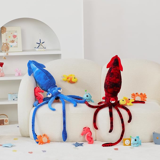 5Pcs Giant Squid Stuffed Animal 41.3" with Small Marine Clownfish,Crab, Seahorse, Angler Fish Baby Plush Toys, Adorable Bulk Ocean Animal Plushies Gifts for Squid Toys Lover,Kids,Boys,Girls