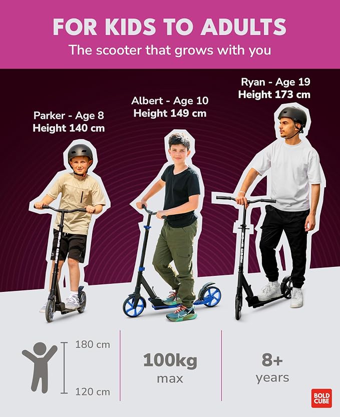 BOLDCUBE Big 2 Wheeler | Scooter for Kids & Teens Ages 7+ Years | Play & Commute | Front Suspension Fit with 200MM Wheels | Height Adjustable 86 to 111 cm