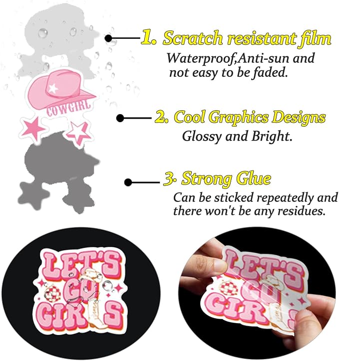 QTL Pink Disco Cowgirl Stickers for Girls Teens, Western Cowgirl Party Supplies, Waterproof Vinyl Stickers for Water Bottles and Laptop, 50PCS
