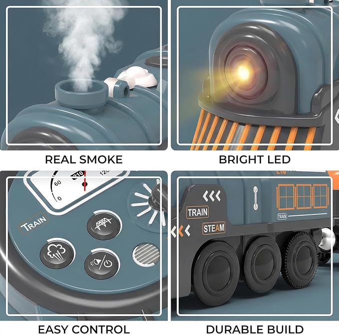 Remote Control Steam Train for Wooden Tracks – RC Train Set with Realistic Smoke, Lights & Sound, Motorized Toy Train Compatible with Thomas & Friends, Brio, for Kids Ages 3-8
