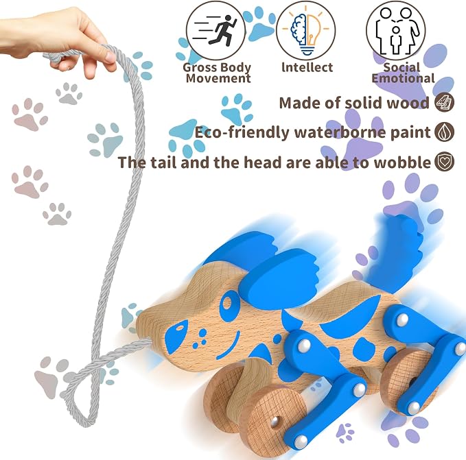 Montessori Toys 1 2 3 4 Years Old Boys Girls Wooden Walking Pull Dog Toy for Baby Toddler, Pull Along Walking Toys, Walk Along Puppy Pull, Wooden Pull & Push Toy (Blue)