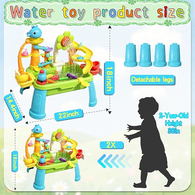 Dergo Upgraded Water Table for Toddlers Toy Set, Kids Sensory Sand Table Play Sink Shower Sprinkler, Summer Birthday Gift STEM Fishing Playset for Boys Girls Ages 3 4 5 6 7