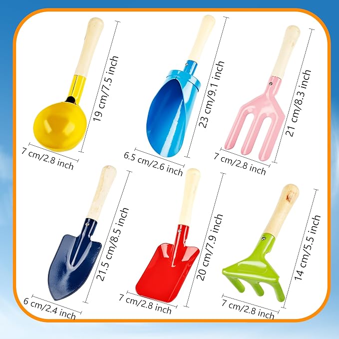 12 Pcs Beach Toys for Kids Metal Beach Sand Toys with Sturdy Wooden Handle Safe Beach Garden Tools Including Spoon, Fork, Rake, Flat and Pointed Shovel Digging Buckets Gifts for Kids