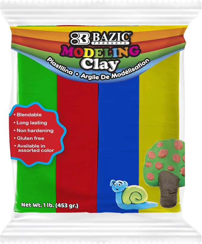 BAZIC Products 4 Primary Color Modeling Clay, 1 lb, Non-Hardening, for Sculpting Art Crafts, Reusable, 2 Pack
