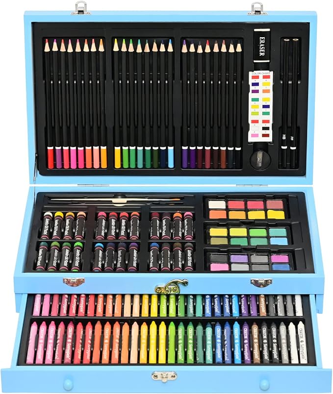 Sunnyglade 145 Piece Deluxe Art Set, Wooden Art Box & Drawing Kit with Crayons, Oil Pastels, Colored Pencils, Watercolor Cakes, Sketch Pencils, Paint Brush, Sharpener, Eraser, Color Chart (Blue)