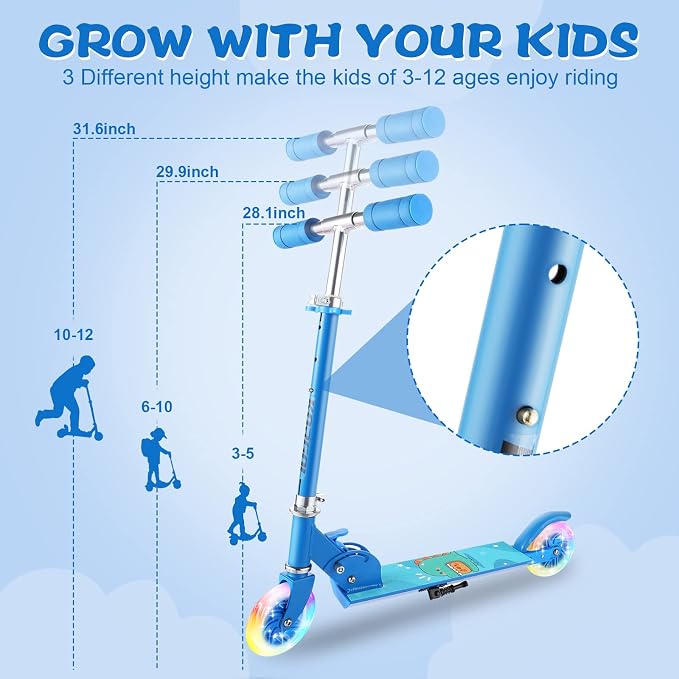 Scooter for Kids Ages 3-12 - Kids Kick Scooters with Led Light Up Wheels & 3 Levels Adjustable Handlebar, Lightweight Foldable 2 Wheel Girly Pink Scooter, Christmas Birthday Gifts for Girls Boys.