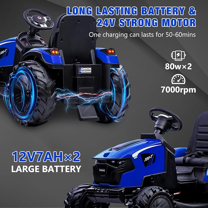GarveeLife 3 in 1 Ride on Tractor, 24V Ride on Toy for Big Kids, Excavator Bulldozer - Battery-Powered Electric Vehicle w/Trailer, Digger, Remote Control, LED Lights, Music, USB, Battery Powered, Blue