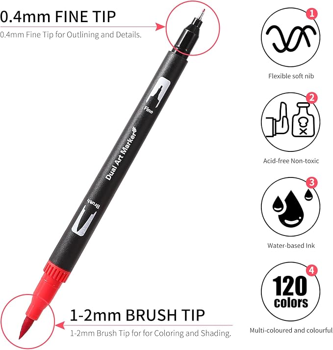 TOSHARE 120 Colors Brush & Fine Dual Tip Watercolor Markers for Adult Coloring Books No Bleeding Paint Pens For Drawing Note Taking Planner Calligraphy Journaling Card Making Back-to-School Supplies