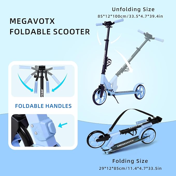 Foldable Kick Scooter for Kids Ages 6-12, Teens & Adults. Non-Electric Scooter with Big Wheels, Adjustable Height, Rear Foot Brake. Lightweight Design for Daily Commute & Outdoor Riding