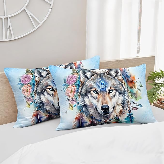 AILONEN Wolf Comforter Set - Dream Catcher Bedding Queen Size with 2 Pillowcases, Native American Wolf Printed Duvet Set, 3 Pieces