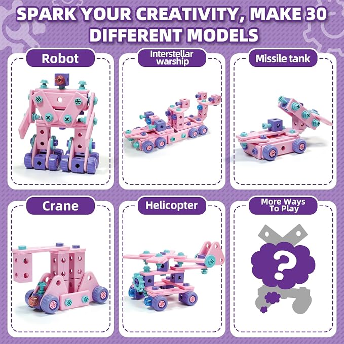 Design and Drill Toy - Toddler Tool Set with Drill & Toolbox, Create And Design Drill Kit Stem Toys for Kids Ages 3-6, Toddler Building Educational Construction Toy for 3-6 Year Old Girl (PINK)