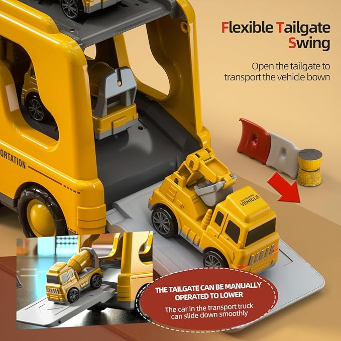 Beby Buty 5 in 1 Construction Trucks Cars Toys for Toddlers 3-5, Boy Toddler Car Truck Toys with Light Sound, Includes Crane, Mixer, Bulldozer & Excavator, Birthday Gifts Toys for 2 3 4 5 Year Boys