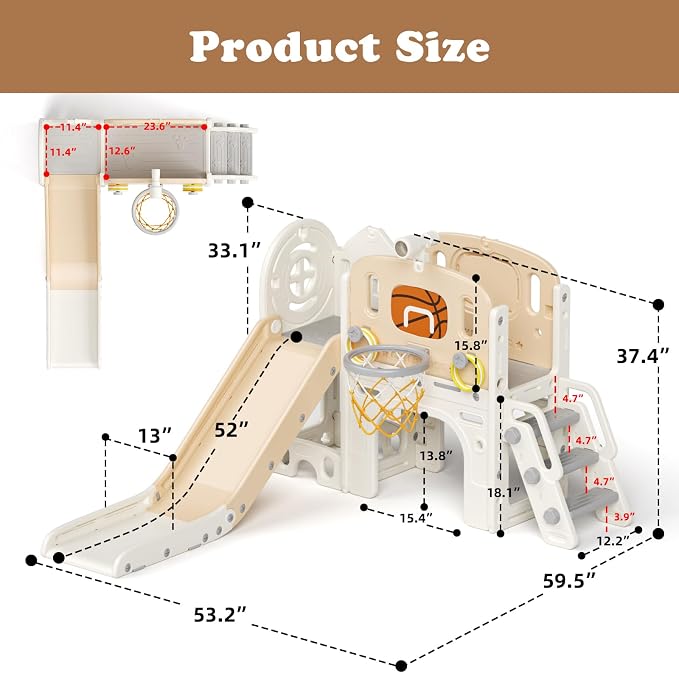 XJD 8 in 1 Toddler Slide Set, Kids Slide for Toddlers Age 1+, Climber Slide PlaySet with Basketball Hoop and Ball,Outdoor Indoor Playground for Toddlers 1-3 (Beige, Small)
