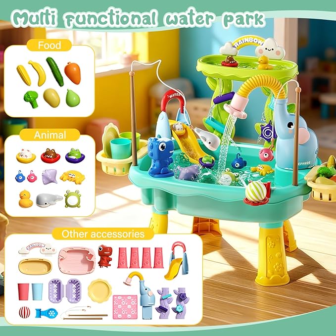 2027 Upgraded 4-in-1 Sand Water Table for Toddlers 1-3, Kids Sensory Table with Electric Water Pump & Elephant Faucet, Play Kitchen Sink with Food Accessories, Fishing Toy (Blue)