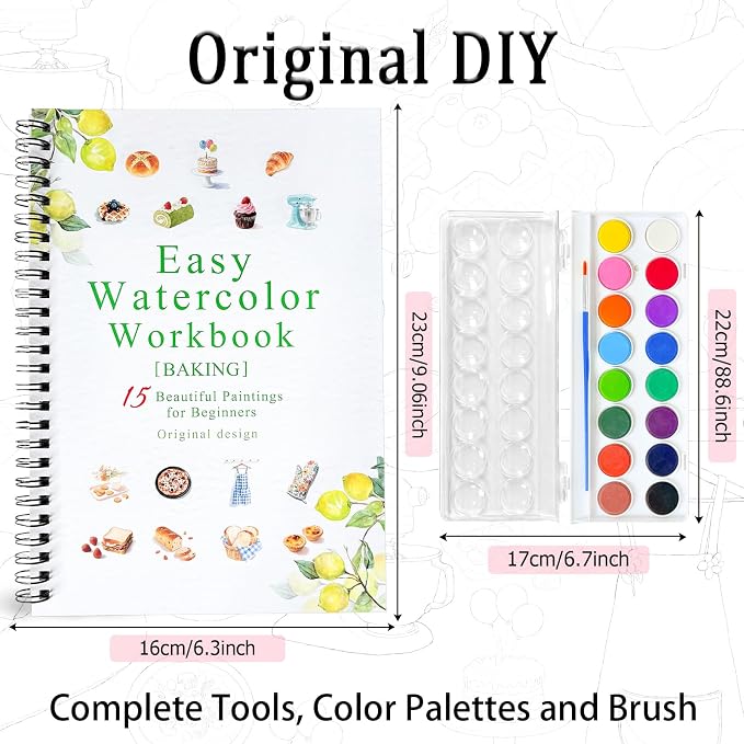 Watercolor Workbooks, 16 Colors Water Color Books Paint Set for Adults, Watercolor Coloring Book for Beginners, Water Color Workbook, 15 Beautiful Paintings for Beginners (Baking)