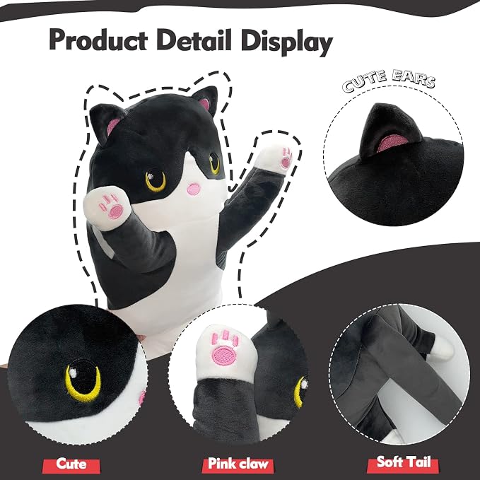 Long Cat Plush Pillow, 43.3in Cute Black Cat Plushie Stuffed Animals Body Pillow, Kawaii Kitten Soft Plushie Doll Toy Birthday Gift for Children Girlfriend