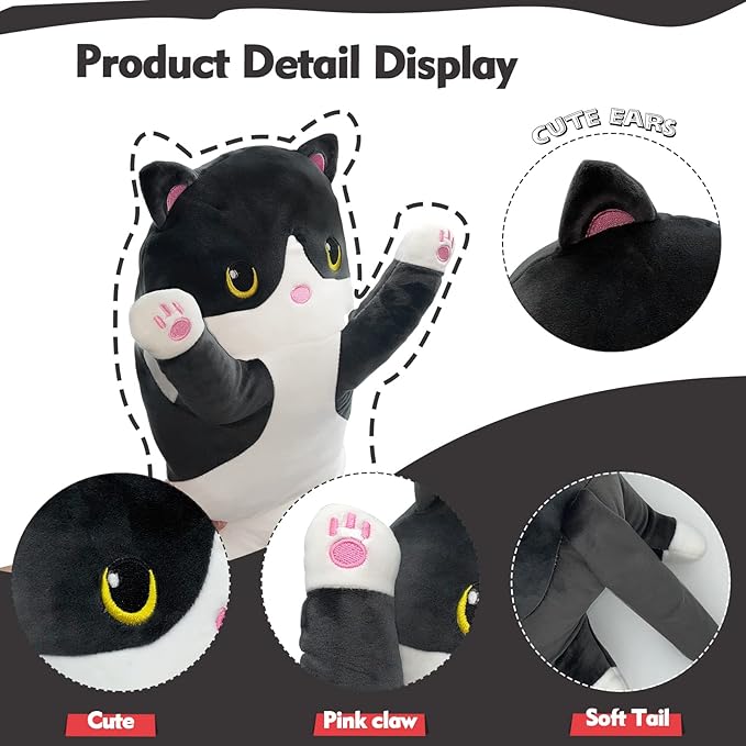 Long Cat Plush Pillow, 51in Cute Black Cat Plushie Stuffed Animals Body Pillow, Kawaii Kitten Soft Plushie Doll Toy Birthday Gift for Children Girlfriend