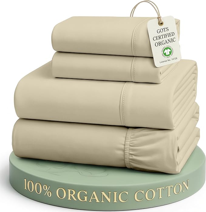 LANE LINEN 100% Organic Cotton Bed Sheets King Size, Fully Elasticized Reinforsed Seams in Fitted Pocket, Machine Washable Naturally Cooling All Season King Sheet Deep Pocket Bedding- Linen