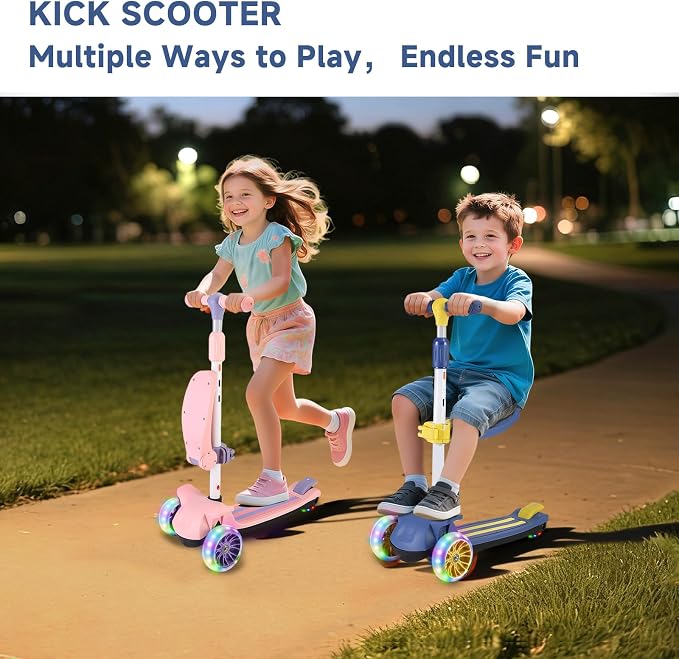 2 in 1 Kick Scooter with Removable Seat, 3 LED Wheels Kick Scooter for Kids, 4 Adjustable Height & Foldable Design Toddler Scooters Sit or Stand Ride for Boys & Girls 2-10 Years Old