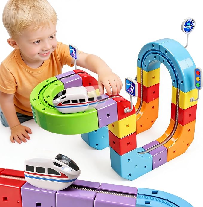 Electric Train Set for Kids, 67PCS Modular 3D Infinity Racer Magnetic Train Sets with Motorized Train, 3–8 STEM Building Train Tracks for Creative Learning, Electric Train Set Gift for Boys and Girls