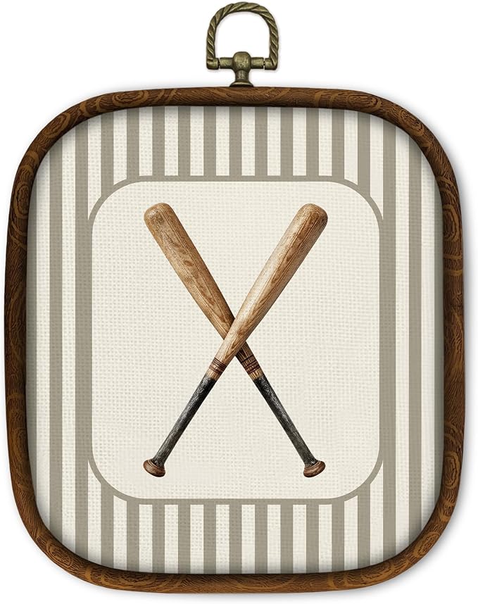 WULQYING Baseball Bats Sports Nursery Wall Art Decor, Boys Room Square Framed Canvas Art Prints, Neutral Striped Sport Lover Gift Wall Hanging Decor for Kids Nursery Room Playroom, 5.7x6.5 Inches