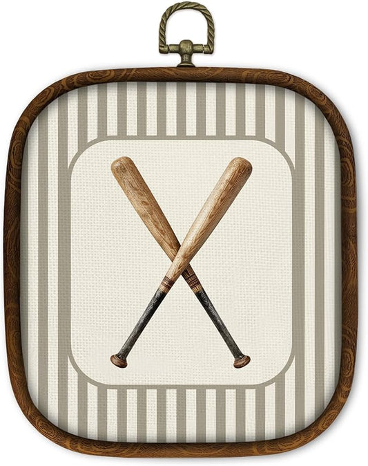 WULQYING Baseball Bats Sports Nursery Wall Art Decor, Boys Room Square Framed Canvas Art Prints, Neutral Striped Sport Lover Gift Wall Hanging Decor for Kids Nursery Room Playroom, 5.7x6.5 Inches