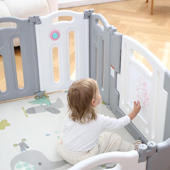 Baby Playpen Kids Activity Centre Safety Play Yard Home Indoor Outdoor New Pen (14panels White Grey)