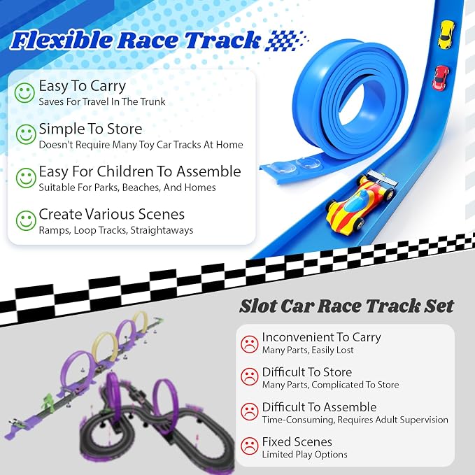 Flex Track 12 Ft Starter Set: Portable Rolls Up Race Tracks for Kids 3+ - DIY Race Car Ramp Track with Suction Cups - Flexible Race Track Compatible with Diecast 1/64th Cars - Birthday Gift for Boys