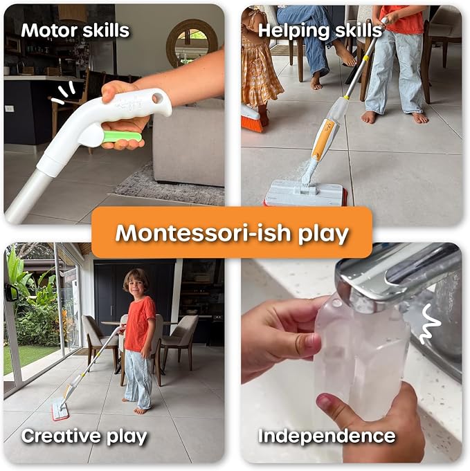 Quiggly Big Kid Toy Spray Mop - Montessori Real Water Sprayer, Ages 5-8 | One-hand squeeze & spray, make pretend cleaning chores functional