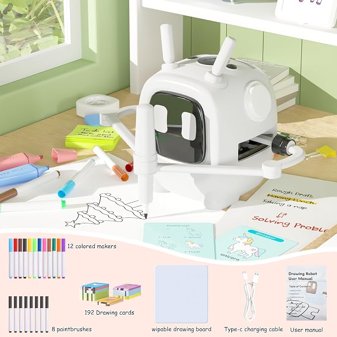 Drawing Robot for Kids with 192 Cards, Smart Robot Drawing Machine Toys for 3+ Year Old Boys and Girls, Interactive Painting Learning and Educational Toy Perfect for Birthday Chirstmas Party, White